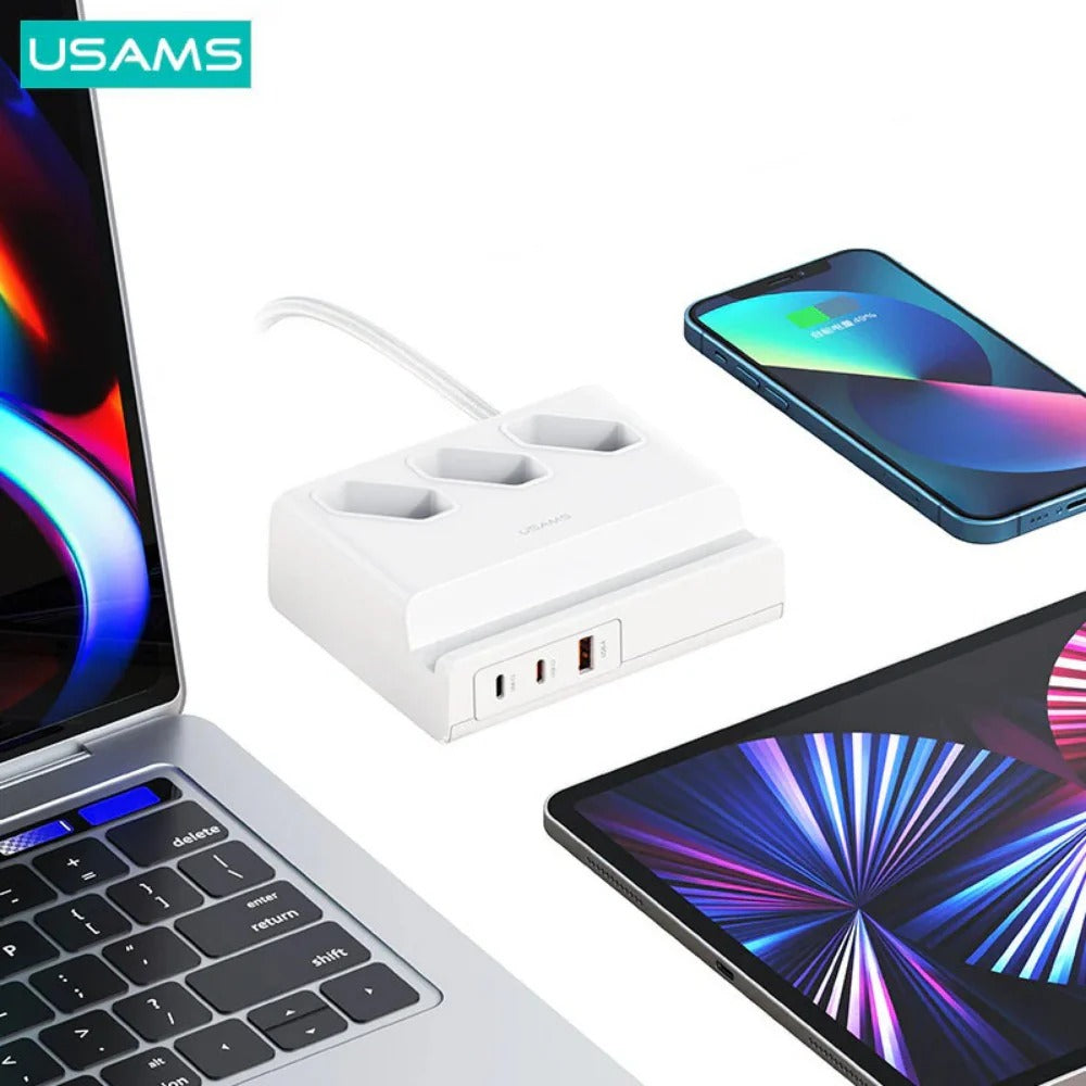 6-in-1 USB Power Strip: 65W PD Charger, 3 AC Outlets, Dual USB-C, QC3.0