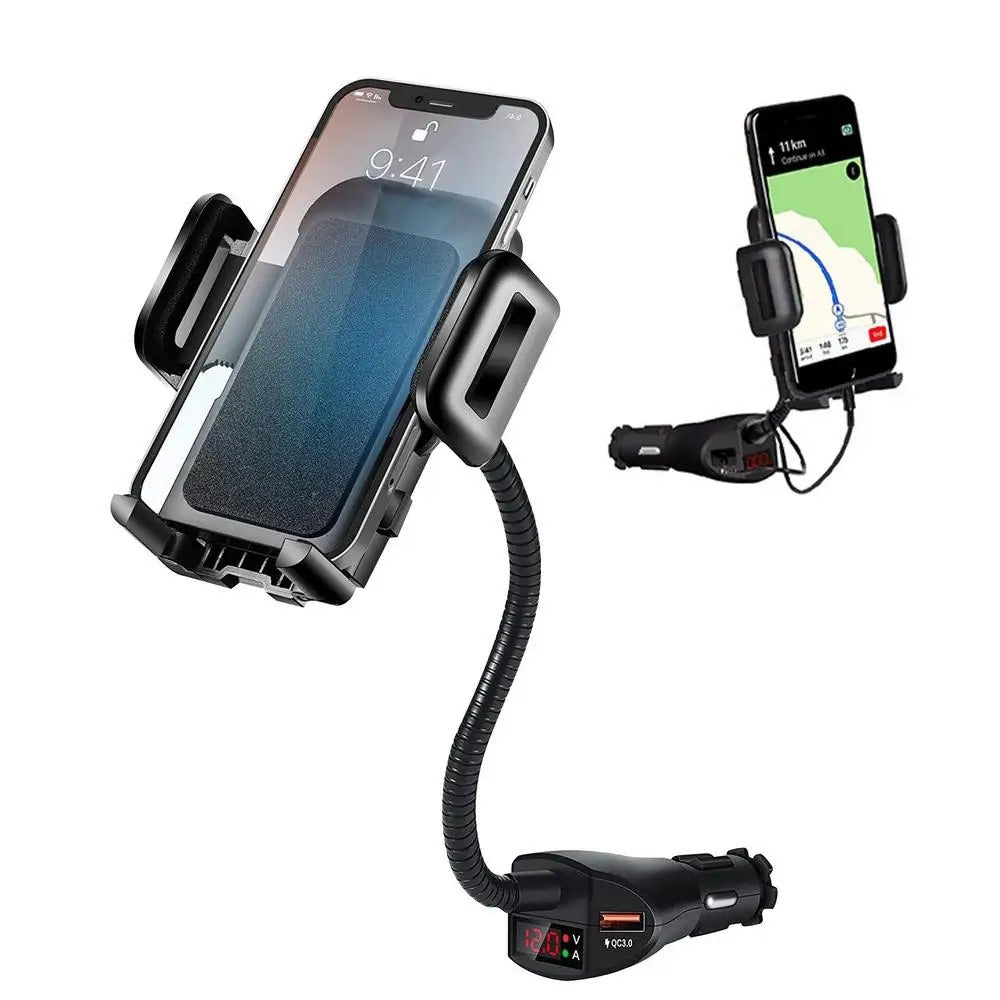 3-in-1 Car Cigarette Lighter Phone Holder & Dual USB Charger with Voltage Detector