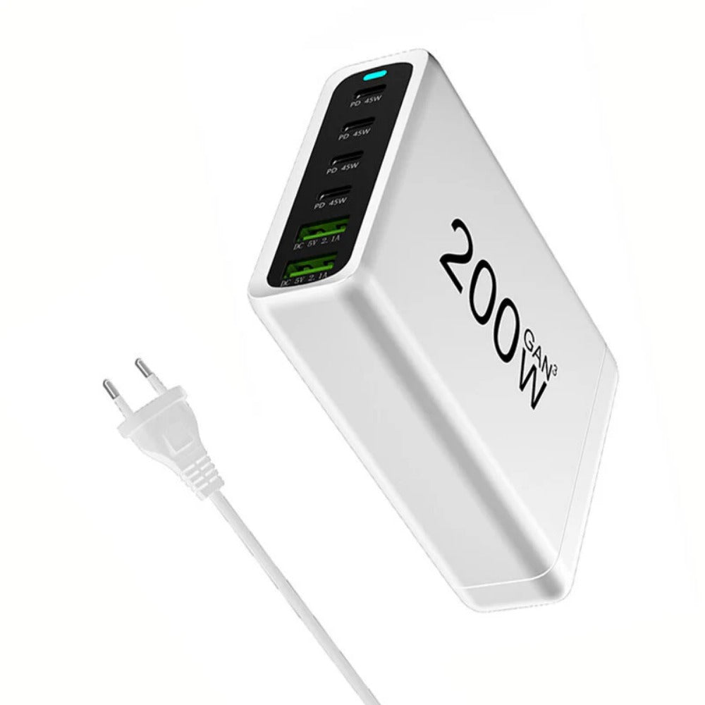 200W 6-Port GaN USB PD Charger, 2USB-A+4USB-C Fast Charging Station, EU Plug