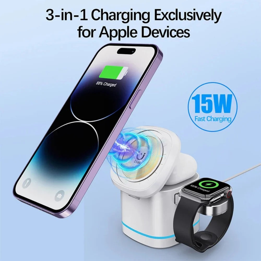 3-in-1 Magnetic 15W Wireless Charger Stand for iPhone 14/13/12, AirPods, Watch 8 SE