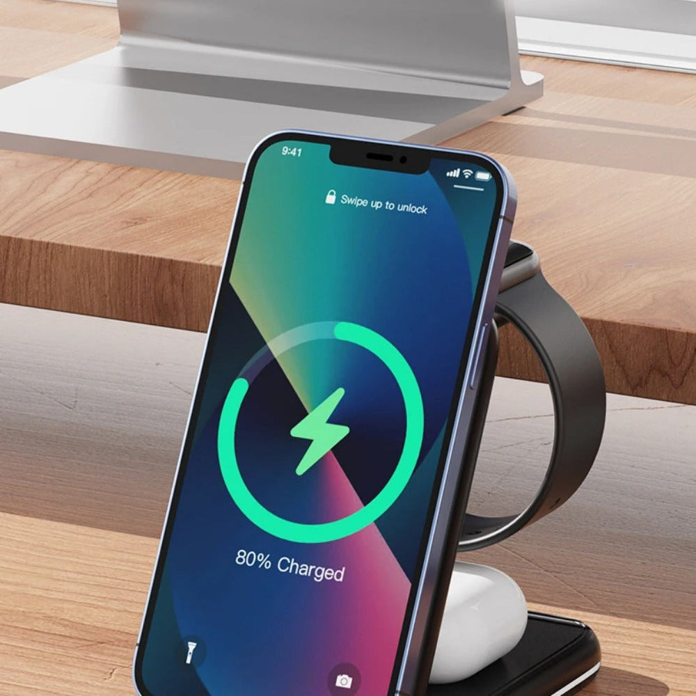 3-in-1 Fold-able Wireless Charger Stand for iPhone, Apple Watch, AirPods Pro, 15W Fast Charging