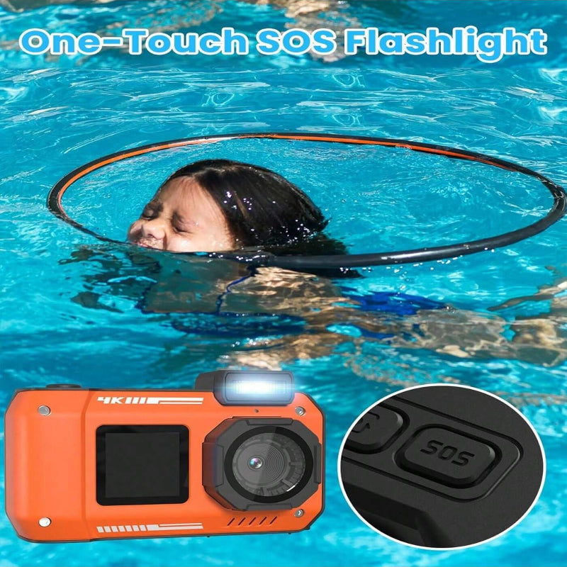 33FT 4K 65MP Waterproof Underwater Camera, Rugged Dustproof Shockproof, Dual-Screen, 64GB Card