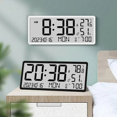 Large LCD Digital Wall Clock with Temperature and Humidity Display, Alarm, Desktop and Hanging Options for Home and Office