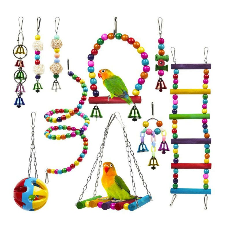 10 Pack Bird Cage Toys for Parrots Reliable & Chewable - Swing Hanging Chewing Bite Bridge Wooden Beads Ball Bell Toys