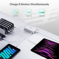 70W 8-Port USB PD Charger, 2 USB-A + 6 USB-C, Fast Charging Station for iPhone, Hui, Xiaomi, Samsung