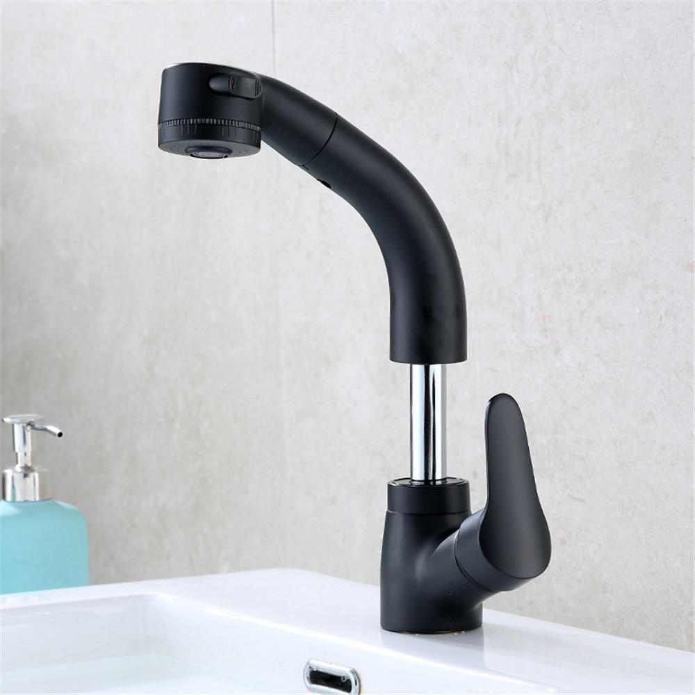 Pull Out Bathroom Faucet Wall Mounted Basin Sink Mixer Hot and Cold 360 Degree Rotating Retractable Water Tap