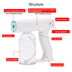 800ML CE Wireless Sprayer Machine Blue Light Nano Steam Spray Guun Disinfection Spray Sterilizer