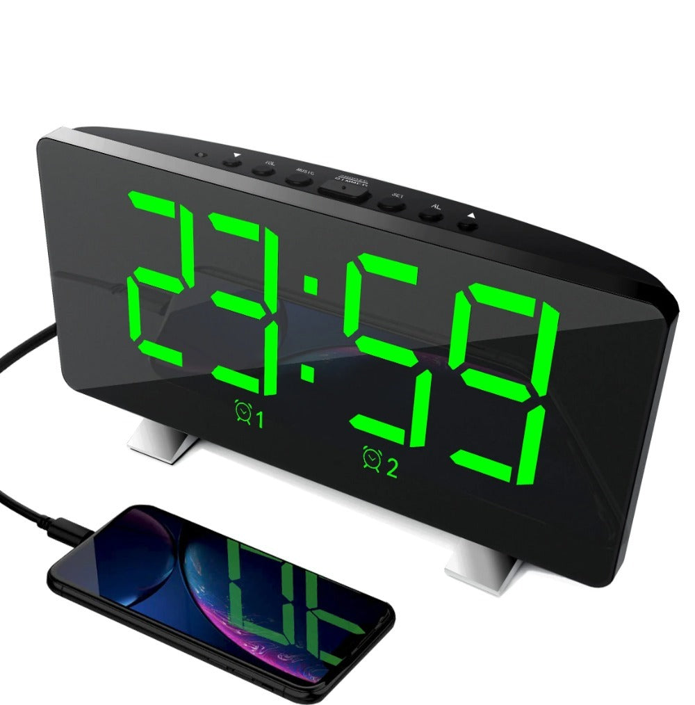 LED Digital Alarm Clock with Mirror, USB Charging, Adjustable Brightness, 10 Music Options, and Memory Function