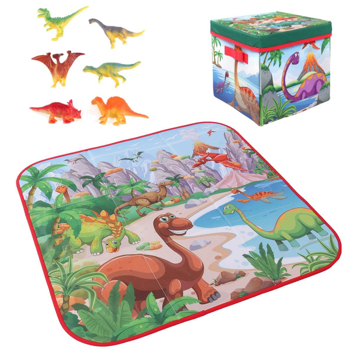 72x72cm Children Cartoon Play Mat+6 Dinosaur Toy Square Folding Box Camping Mat Kid Toddler Crawling Picnic Carpet