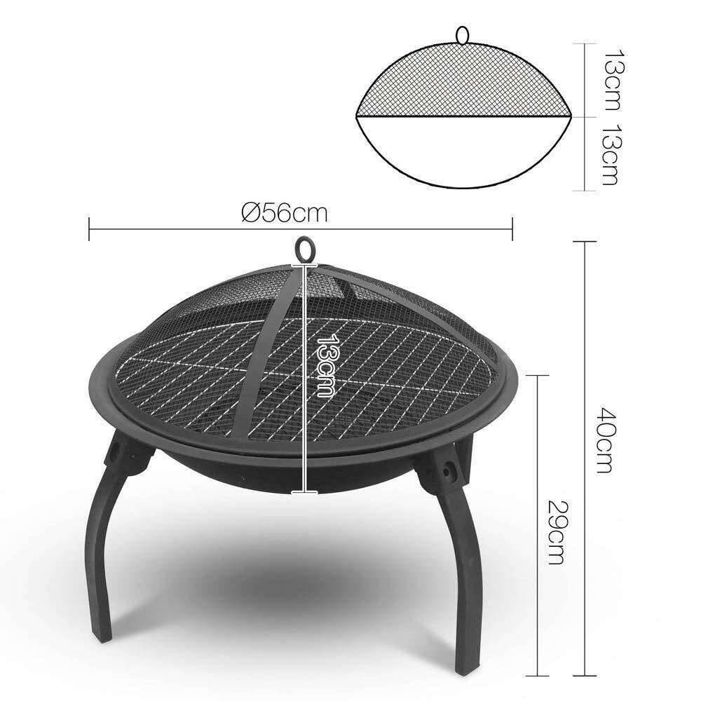 22inch Folding Steel Fire Pit BBQ Grill Round Fire Bowl Lightweight with Log Grate Mesh Cover BBQ Stove for Camping Picnic Bonfire Patio Garden