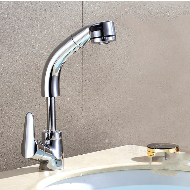 Pull Out Bathroom Faucet Basin Sink Mixer Hot and Cold 360 Degree Rotating Retractable Water Tap Deck Mount