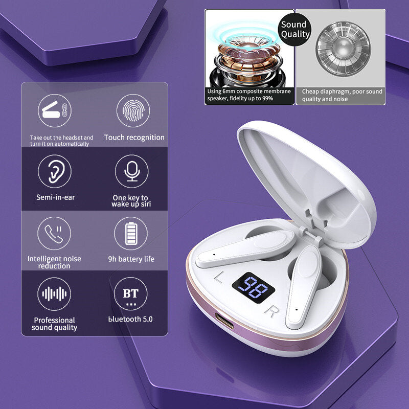 TWS Earphones Wireless bluetooth V5.0 Headphones HIFI Stereo Noise Reduction LED Display Smart Touch Half-In-Ear Earbuds with Mic