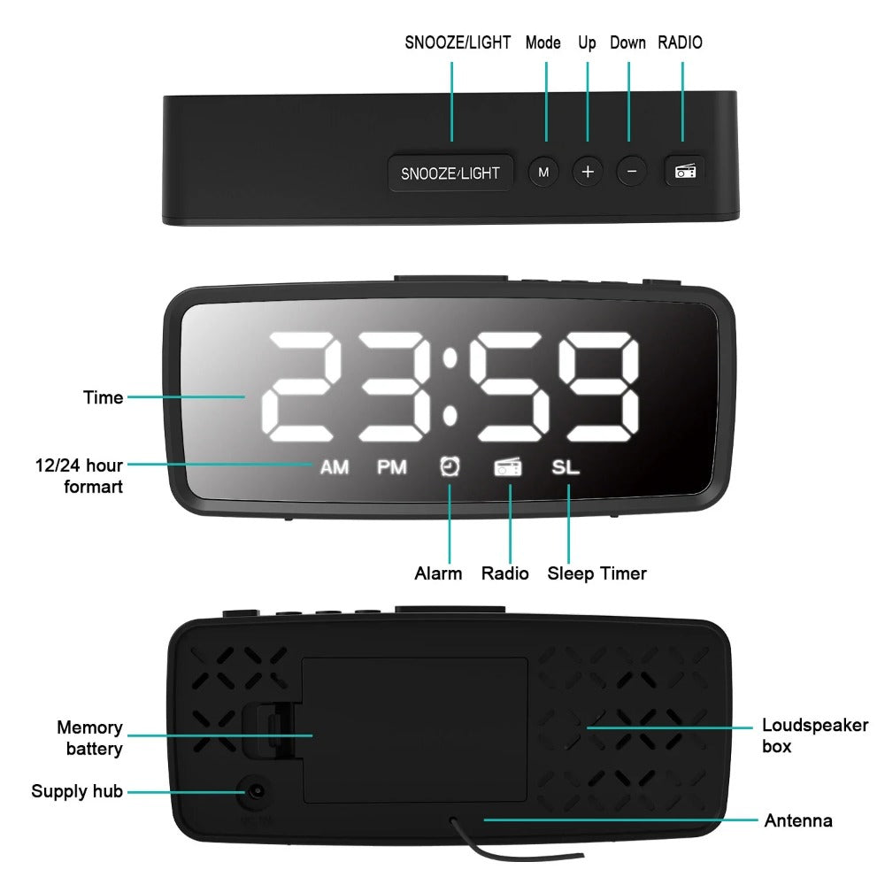 USB-Rechargeable LED Mirror Digital Alarm Clock with Snooze Mode