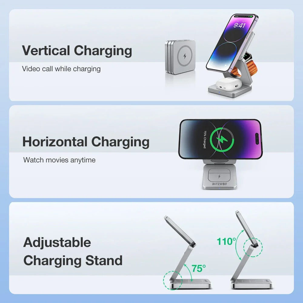 3-in-1 15W Foldable Magnetic Wireless Charger for iPhone, Apple Watch, AirPods - Fast Charging Station