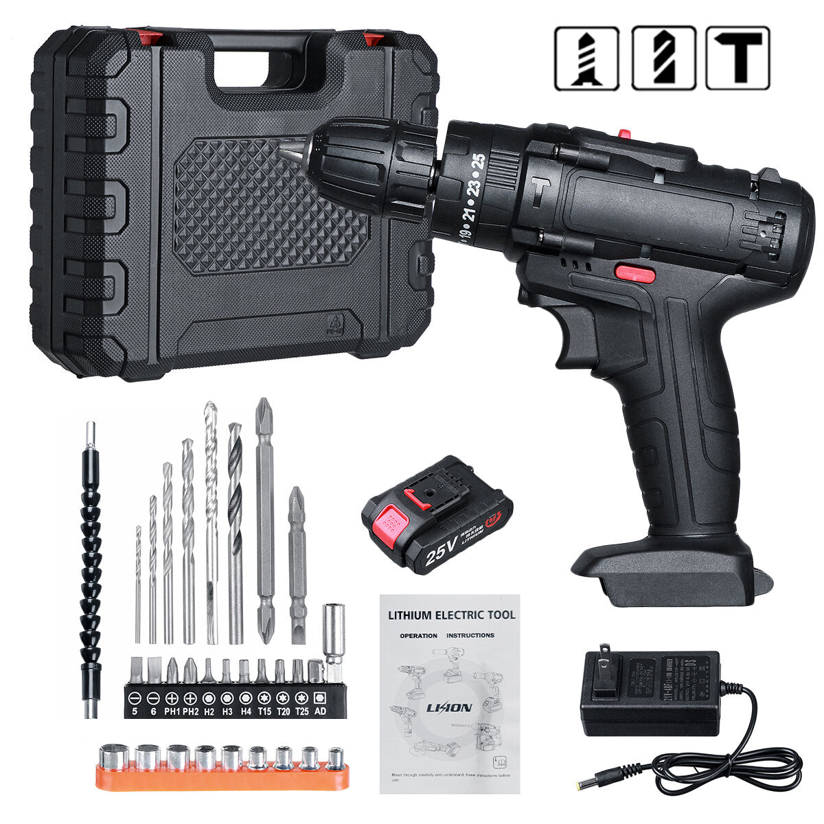 25V Cordless Electric Drill Bits Screwdriver Kit Handheld Power Tool + Battery