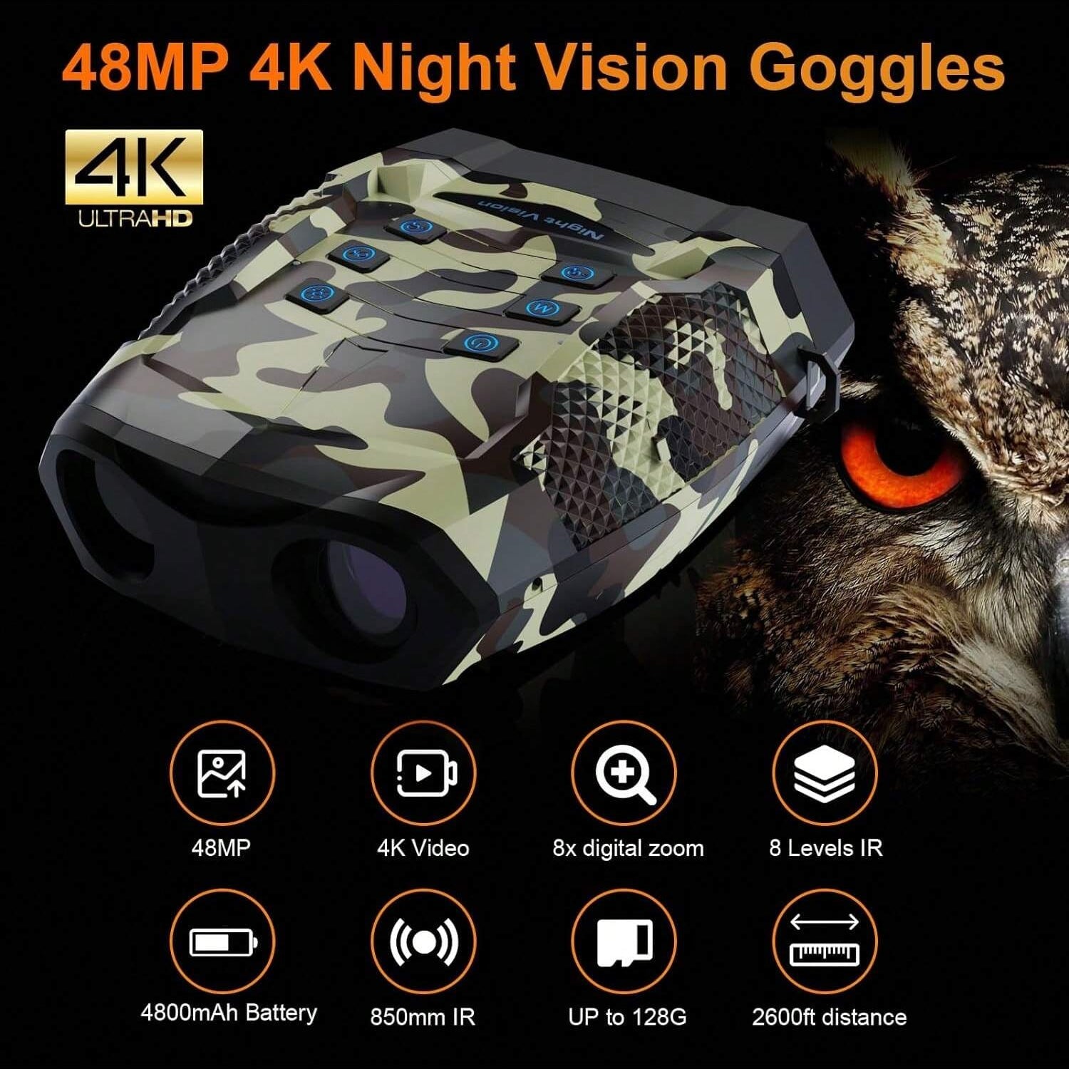 Night Vision Goggles 48MP 4K, Digital Infrared Binoculars 8X Zoom, 2000FT Range, 3'' Screen, 8 IR Levels, Camping, Hiking, Hunting