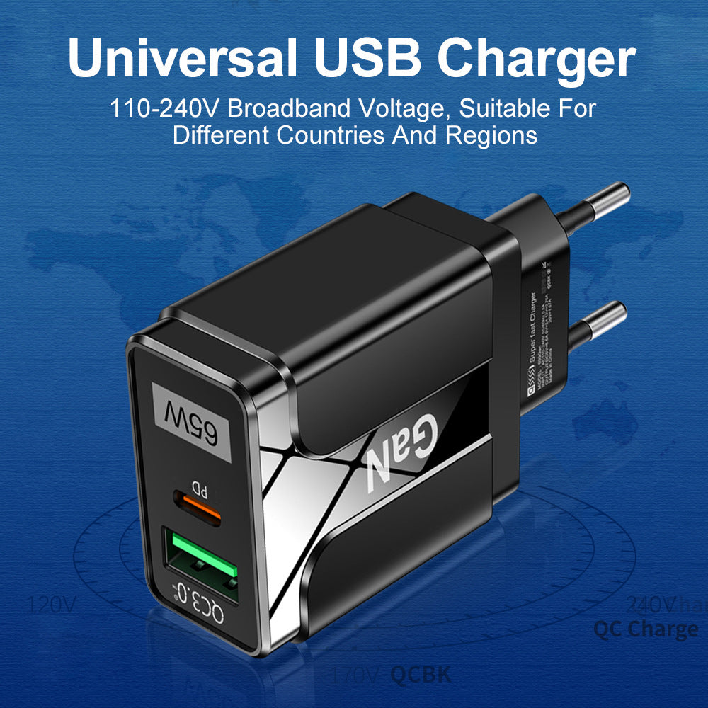 65W GaN Dual USB PD Charger, 33W USB-A QC3.0 Fast Charger, EU Plug for iPhone 14, iPad, Hui, Xiaomi