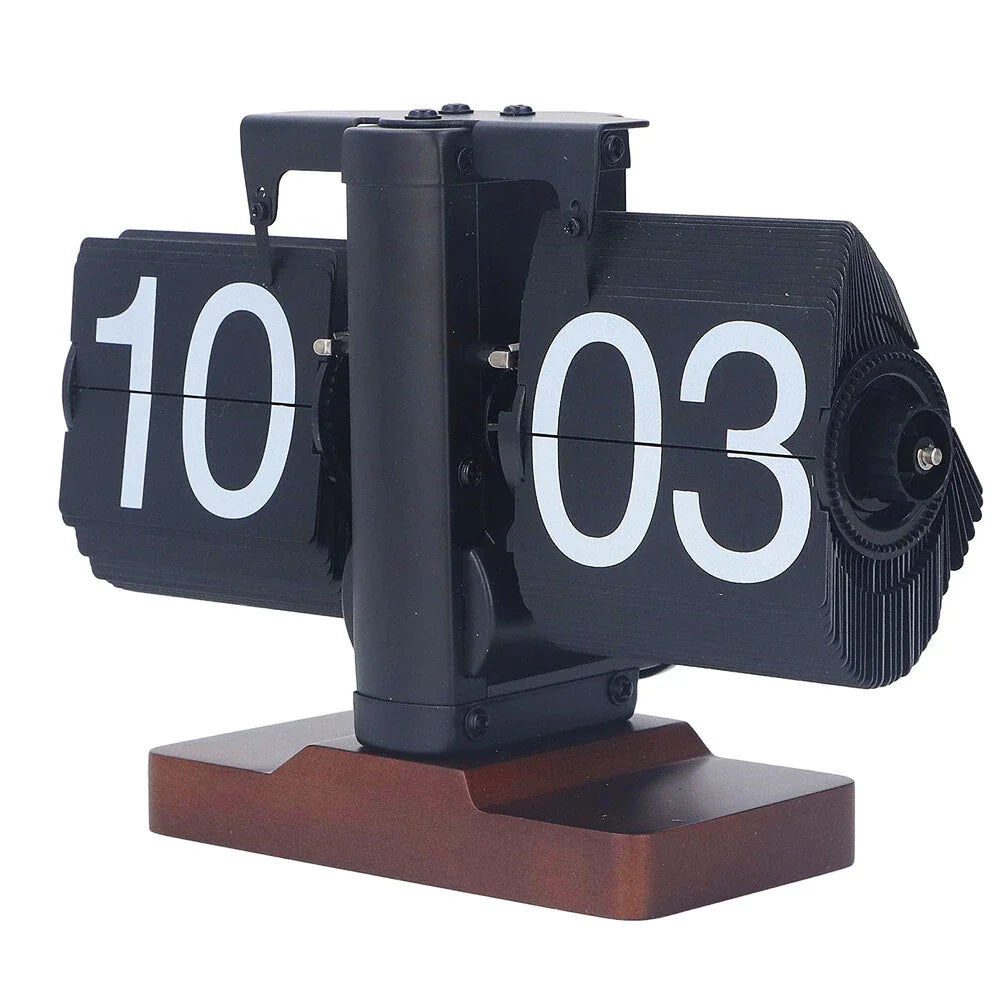 Retro Mechanical Flip Clock with Walnut Wood Base, 24-Hour Display, Desk Decor for Home/Office