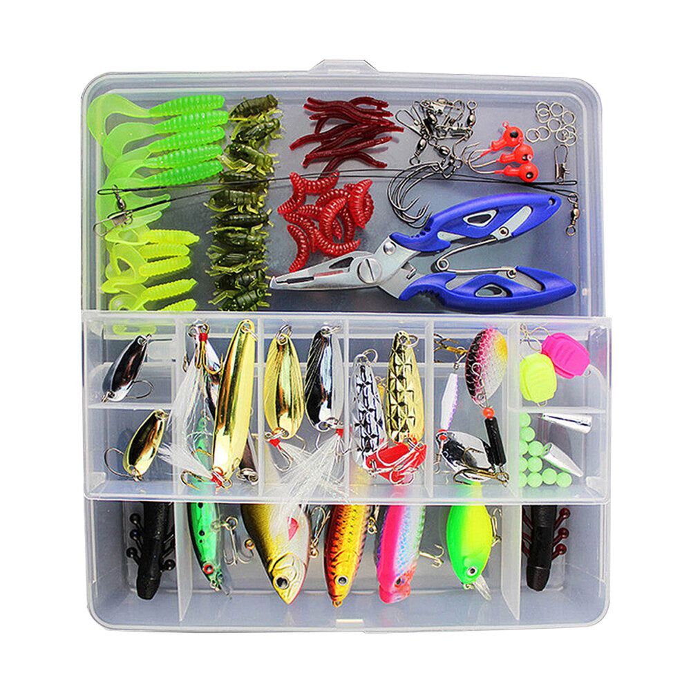 101pc Fishing Lure Spinners Plugs Spoons Soft Bait Pike Trout Salmon+Box Set