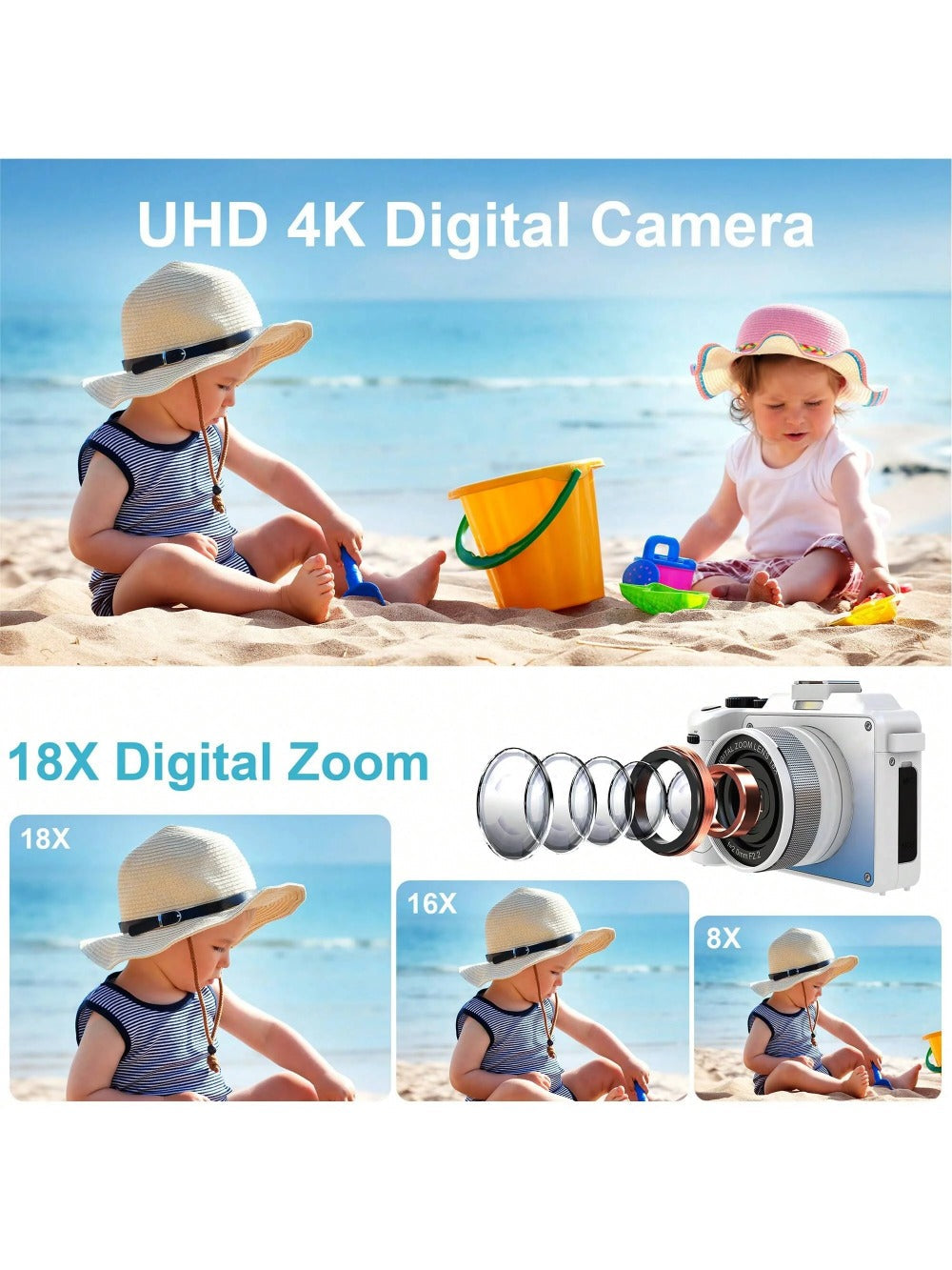 4K Digital Camera 48MP, Anti-Shake, 18X Zoom, WiFi, Autofocus, Compact Vlogging Camera with TF Card, 2 Batteries