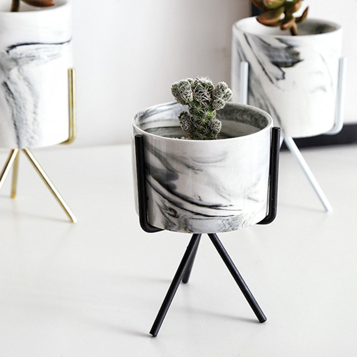 S/M/L Nordic Style Flower Pot Iron Wire Metal Rack Marble Ceramic Succulent Plant Pot Cactus Decoration Basin with Stand