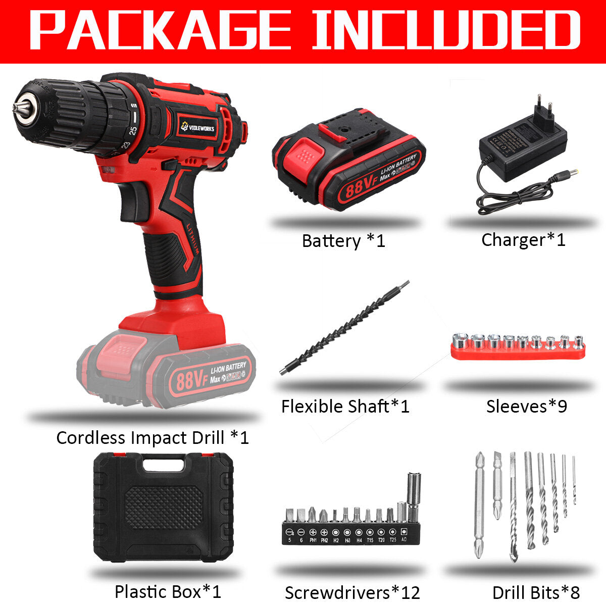 88VF 6000mAh Cordless Electric Drill Screwdriver + 30Pcs Accessories + 1/2Pcs Battery