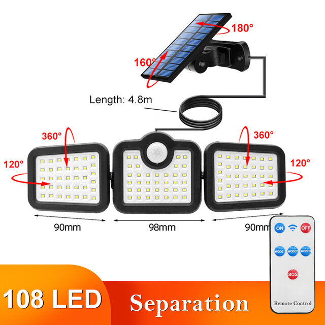 108/122/138/171 LED Solar Lights 3 Head Motion Sensor 270 Wide Angle Illumination Outdoor Waterproof Remote Control Wall Lamp