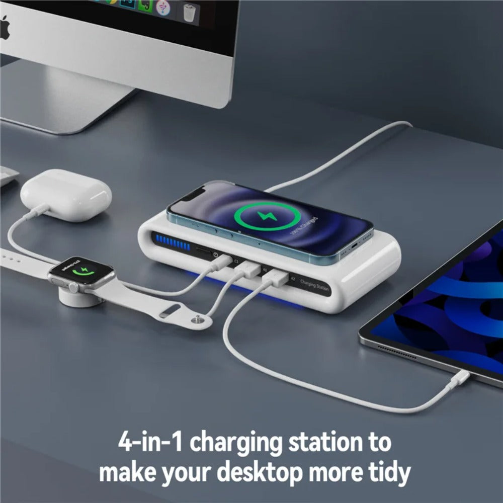 4-in-1 Wireless Charger Stand with LED Light, Type-C PD USB for iPhone, Samsung, Xiaomi