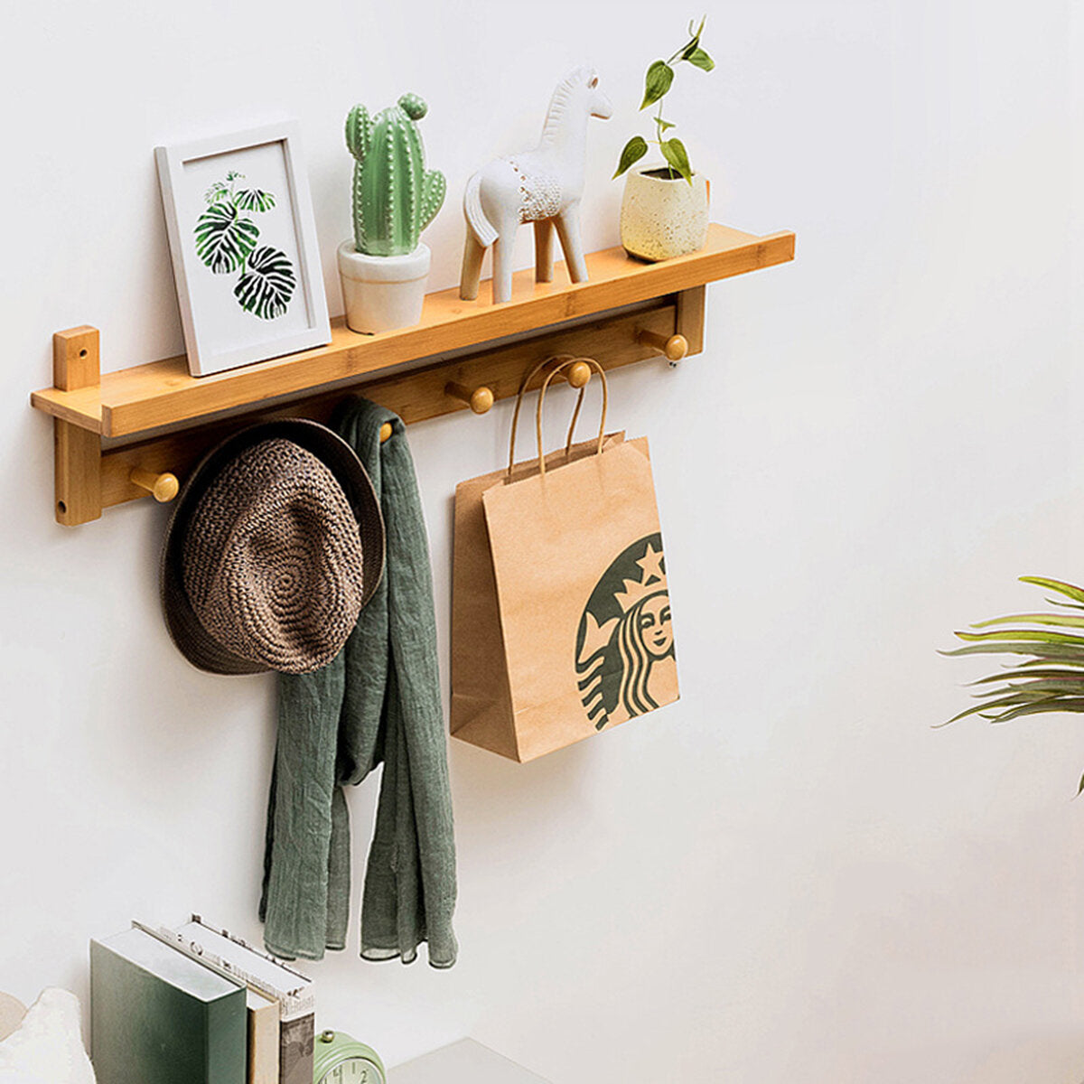 Coat Hanger Wall Mounted Rack Rail Hook Bamboo Wooden Shelf Clothes Hat Towel Holder