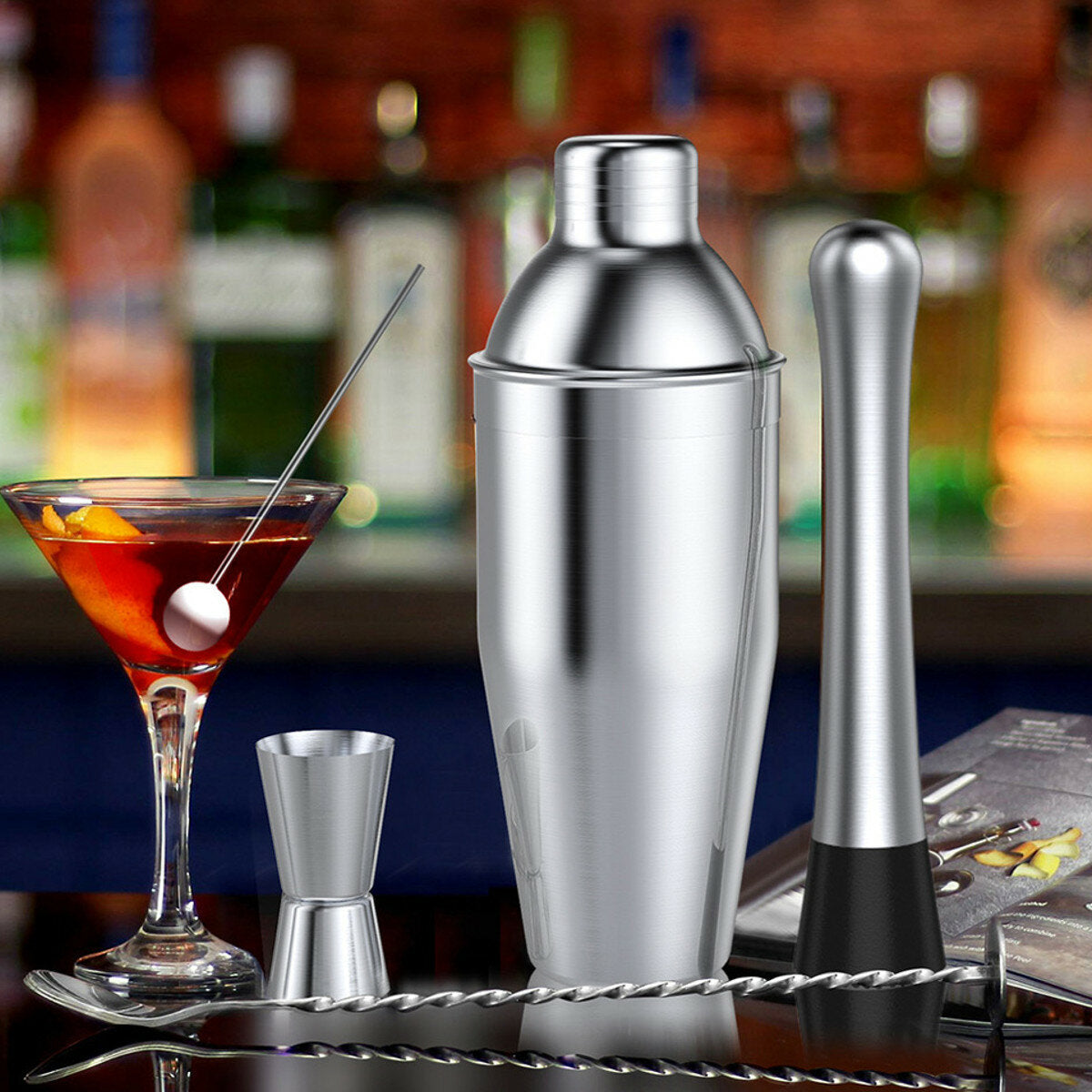 14Pcs Cocktail Shaker Set Mixer Martini Spirits Bar Spoon Jigger Strainer Stand