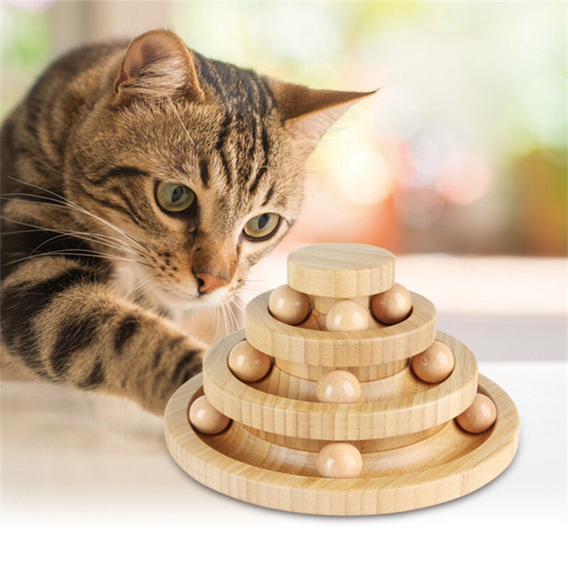 Three-layer Track Interactive Cat Toys Turntable Include 9 Wooden Balls Natural Solid Base Wood Safe for Cats