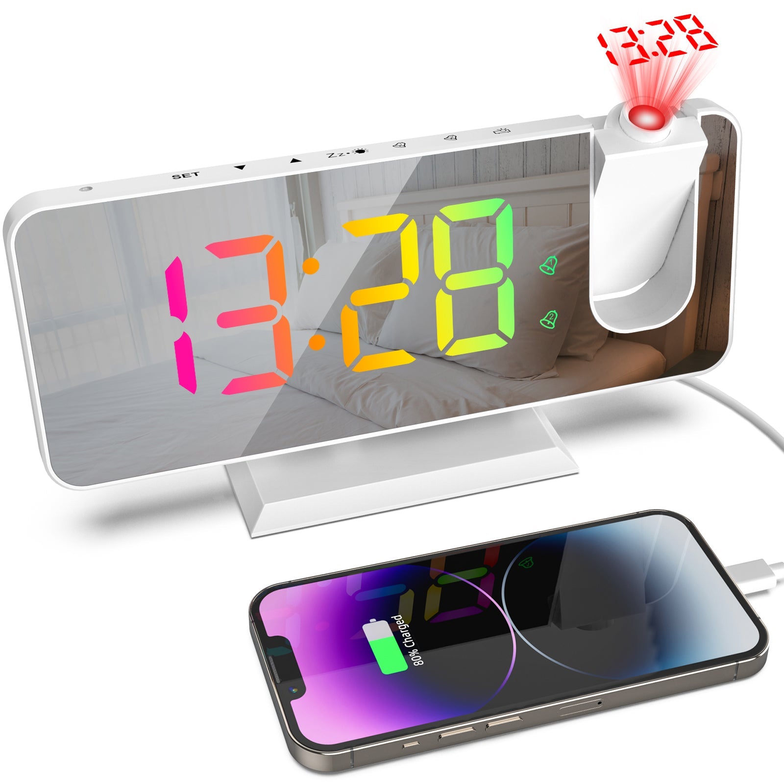 RGB LED Projection Alarm Clock: 180° Projector, 11 Colors, Mirror Surface, USB Charger, Adjustable Brightness - Bedroom/Living Room