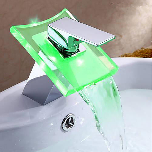 LED Color Changing Waterfall Faucet Bathroom Sink Glass Basin Bathtub Mixer Tap