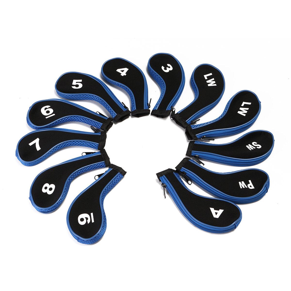 12Pcs/set Golf Clubs Iron Head Covers Driver Professional Number Tag Headcovers Rubber Golf Long Neck Protector Case with Zipper Long Neck Blue