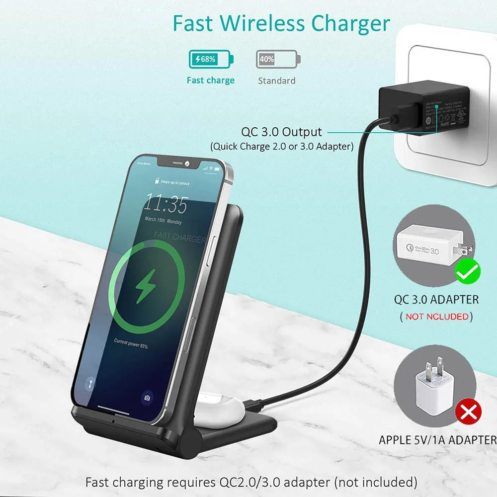 25W 2-in-1 Wireless Charger Dock for iPhone & Samsung - Fast Fordable Stand