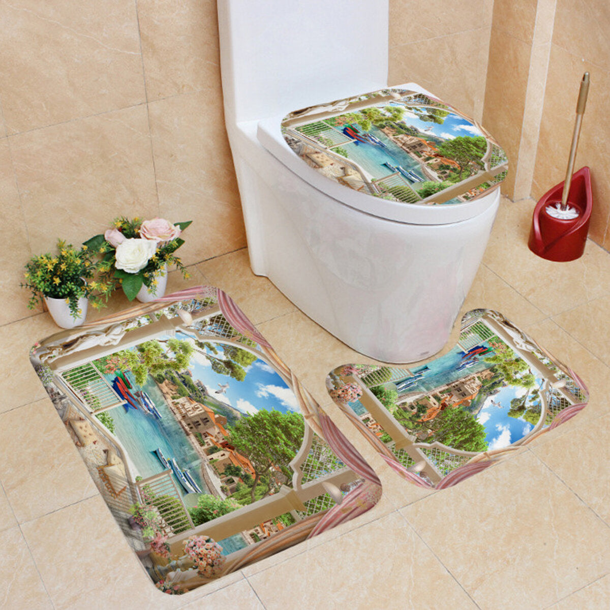 1/3Pcs Bathroom Shower Curtain Mediterranean Sea Printing Set Toilet Cover Mat