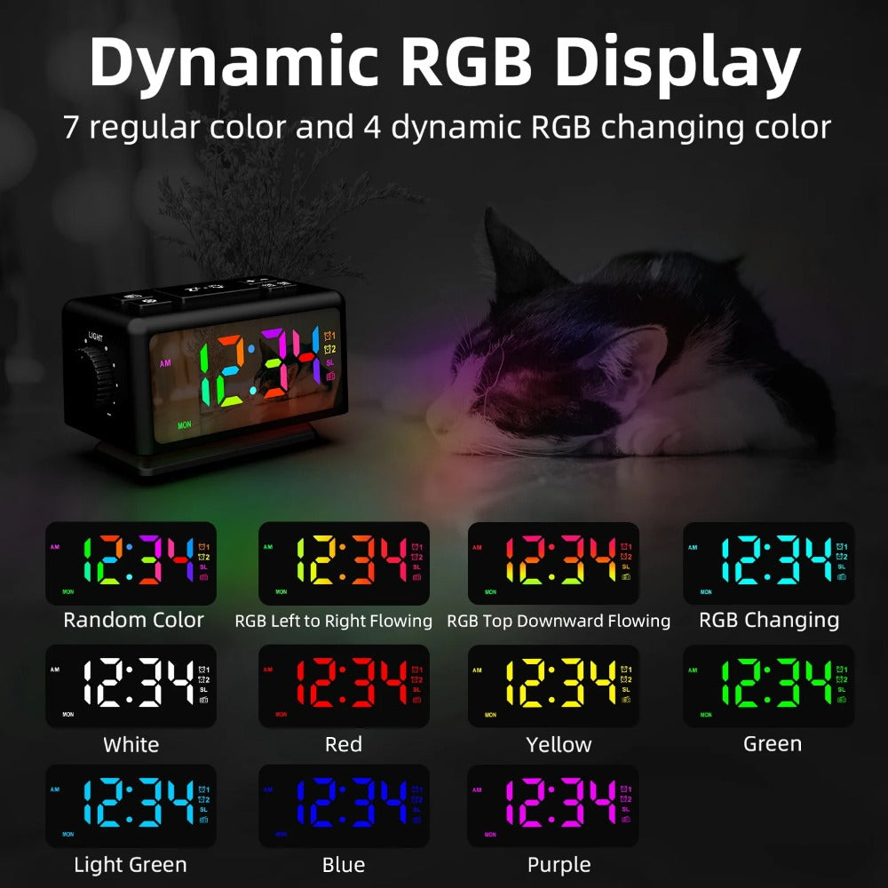 RGB Digital Alarm Clock with FM Radio, Dual Alarms, Snooze, Dynamic Display, 12/24H, Date, USB Charging - Ideal for Home & Office