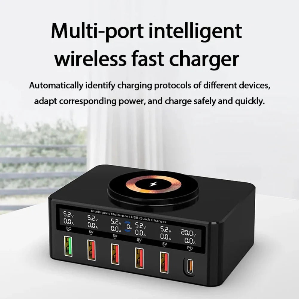 65W 6-Port USB PD Charger, Fast Wireless Charging Station for iPhone, Hui, Xiaomi, Samsung