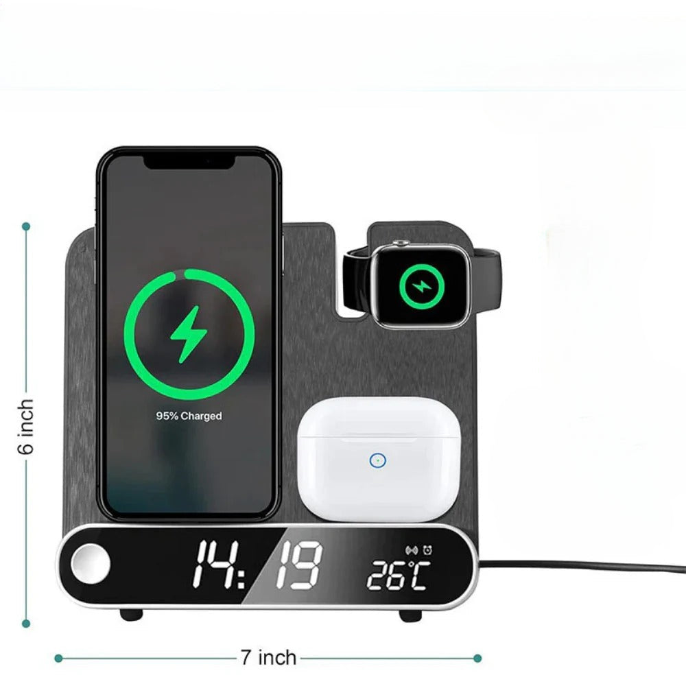 15W 3-in-1 Wireless Charger with Alarm Clock for iPhone, Samsung, Hui, AirPods, iWatch