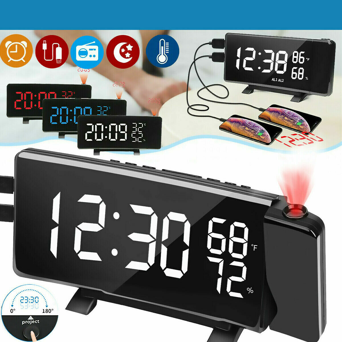 Dual USB LED Display FM Radio Alarm Clock With Time Projection Dimmable