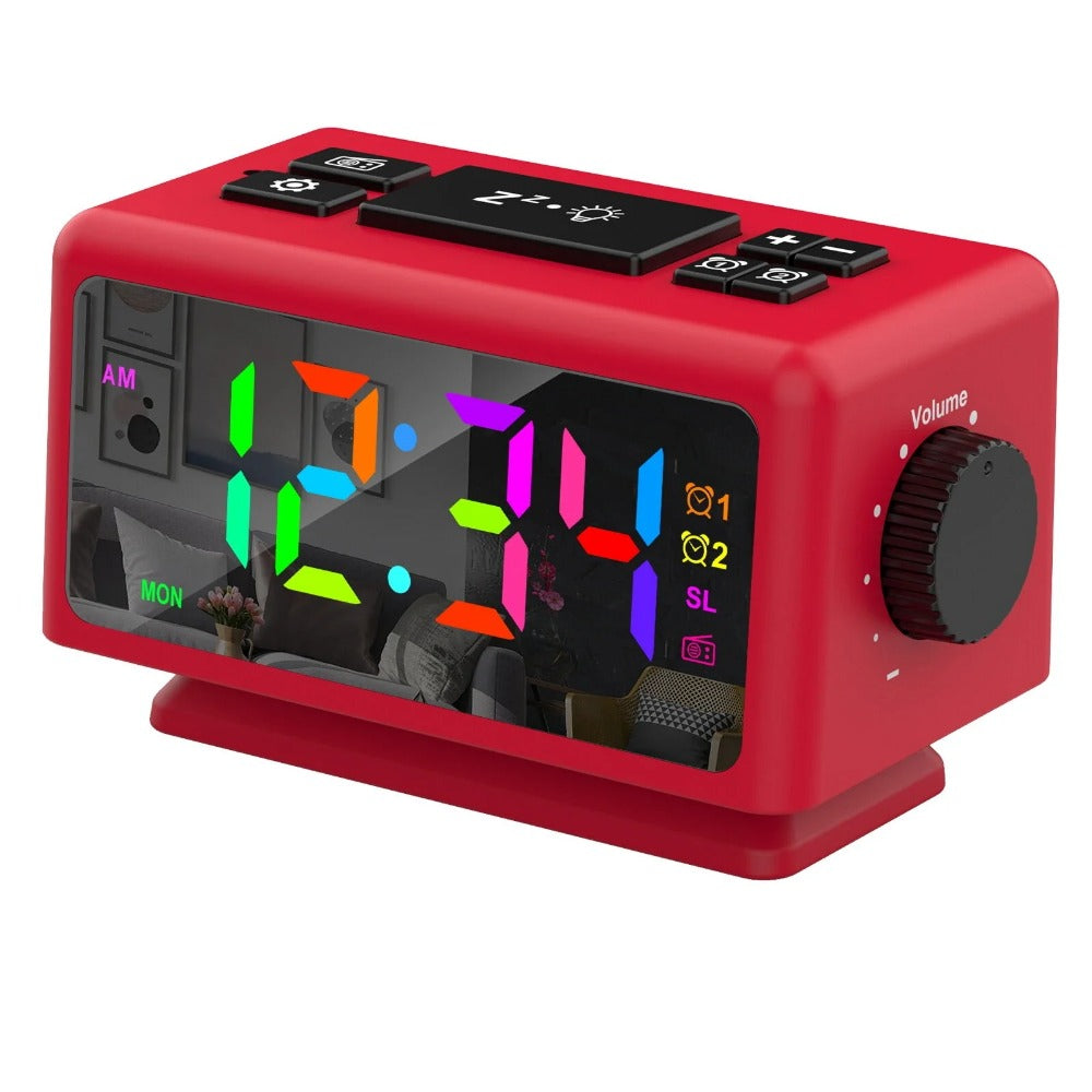 RGB Digital Alarm Clock with FM Radio, Dual Alarms, Snooze, Dynamic Display, 12/24H, Date, USB Charging - Ideal for Home & Office