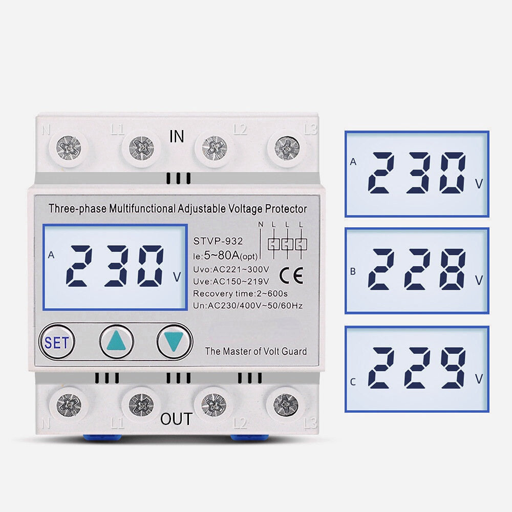 Industrial Three Phase AC 380V 80A Adjustable Surge Voltage Protector Automatic Recovery Over Under Voltage Potective Device