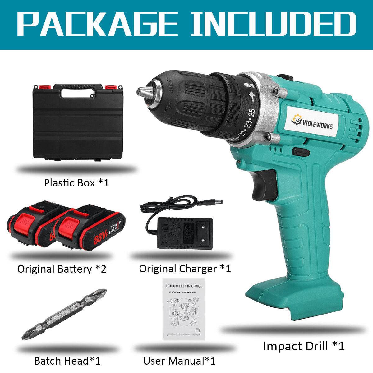 88VF Cordless Electric Impact Drill 2 Speed Hand Screwdriver Drill 25+1 Torque 3/8" Chuck