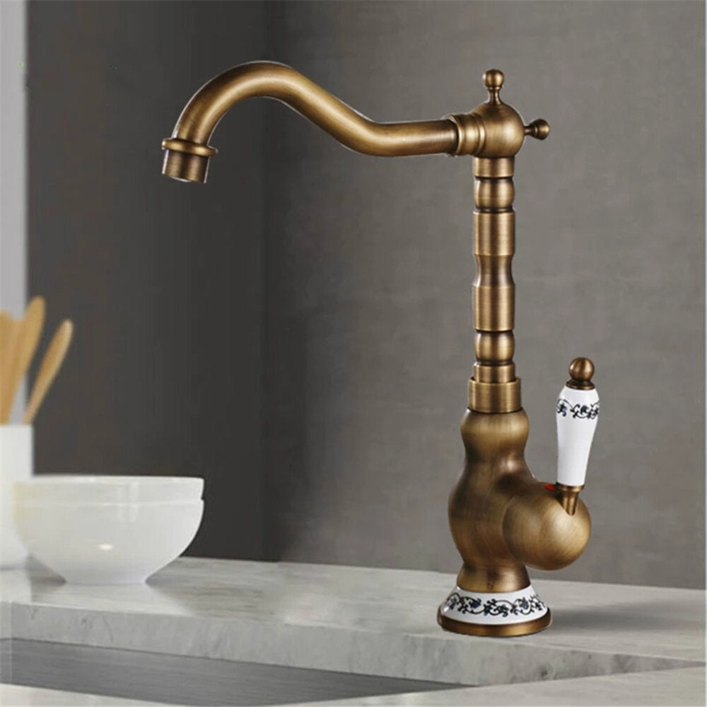 Kitchen Faucet Antique Brass Swivel Single Hole Bathroom Basin Sink Tap Porcelain Handle Rotatable Crane