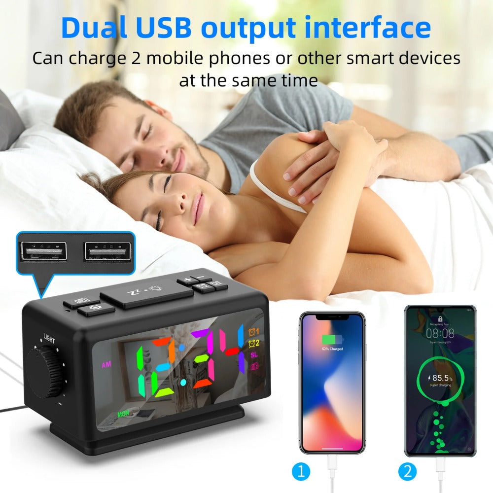 RGB Digital Alarm Clock with FM Radio, Dual Alarms, Snooze, Dynamic Display, 12/24H, Date, USB Charging - Ideal for Home & Office