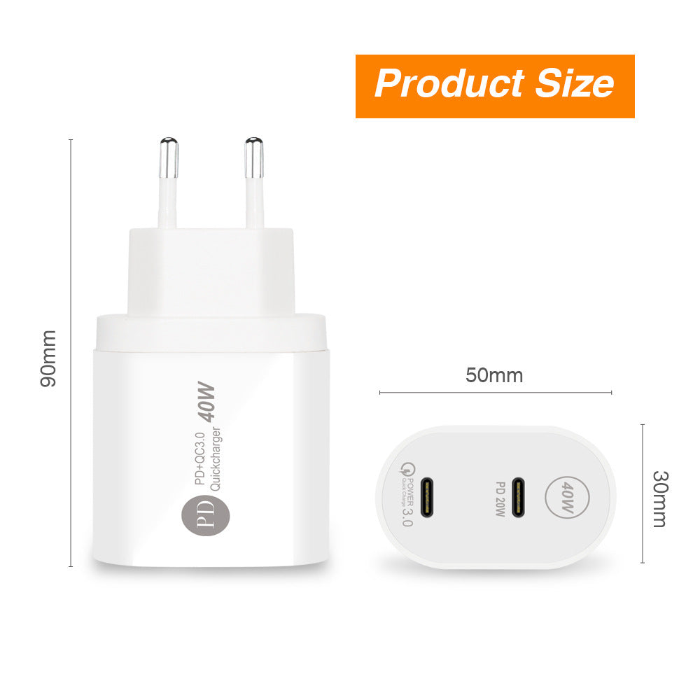 Dual 20W USB PD QC3.0 Fast Charger Adapter EU Plug for iPhone, Hui, Samsung, Xiaomi