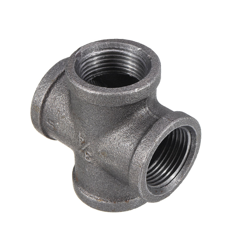 1/2" 3/4" 1" Cross 4 Way Pipe Fitting Malleable Iron Black Female Tube Connector