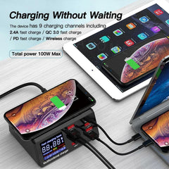 100W 8-Port USB PD Charger, QC3.0 Desktop Station, 10W Wireless Pad for iPhone, Hui