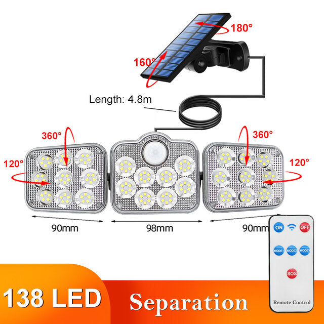 108/122/138/171 LED Solar Lights 3 Head Motion Sensor 270 Wide Angle Illumination Outdoor Waterproof Remote Control Wall Lamp