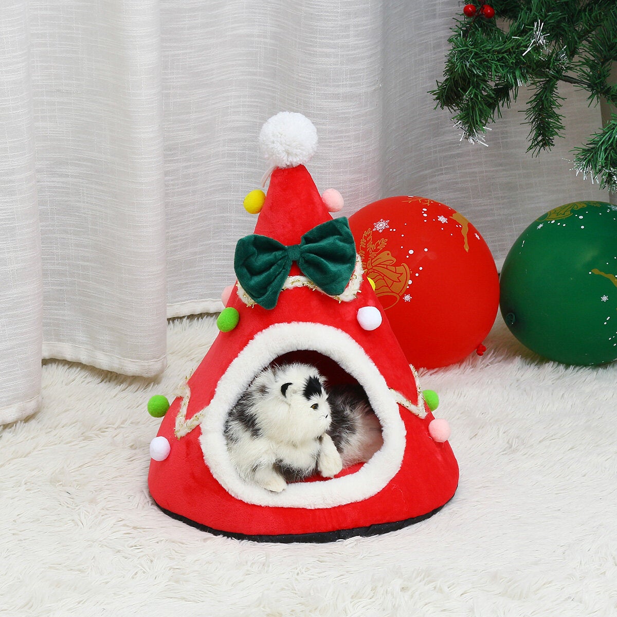 Cat Pet Dog Christmas Tree Shape Velvet Warm House Cave Beds Indoor Cats Cozy Wool Igloo Pet House